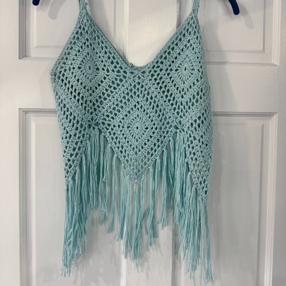 Boho Crochet Fringe Tank | Aqua Blue | Festival Beach Cover Up | Size S